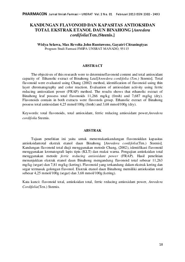 (PDF) KANDUNGAN FLAVONOID DAN KAPASITAS ANTIOKSIDAN TOTAL EKSTRAK