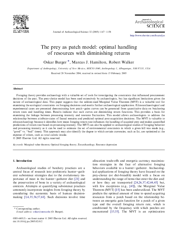 (PDF) The prey as patch model: optimal handling of resources with ...