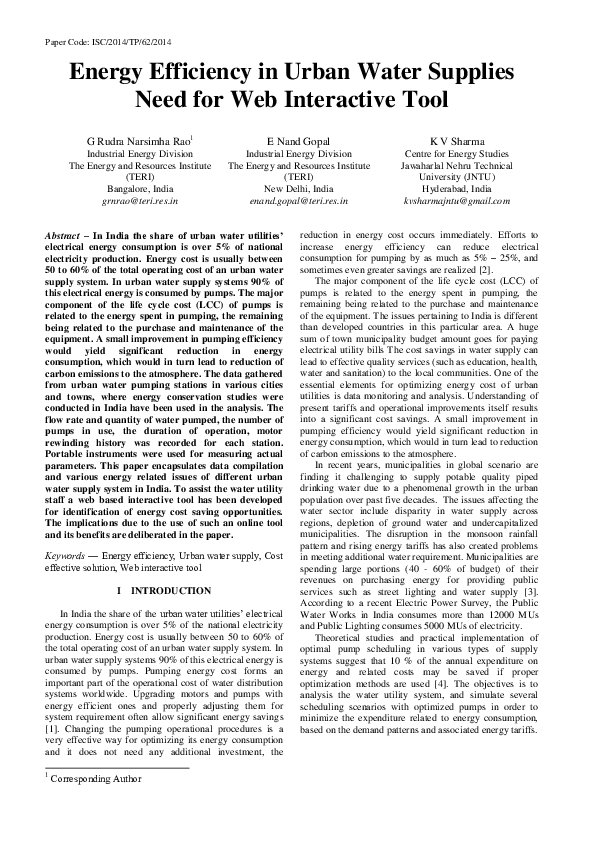 (PDF) Energy Efficiency in Urban Water Supplies Need for 