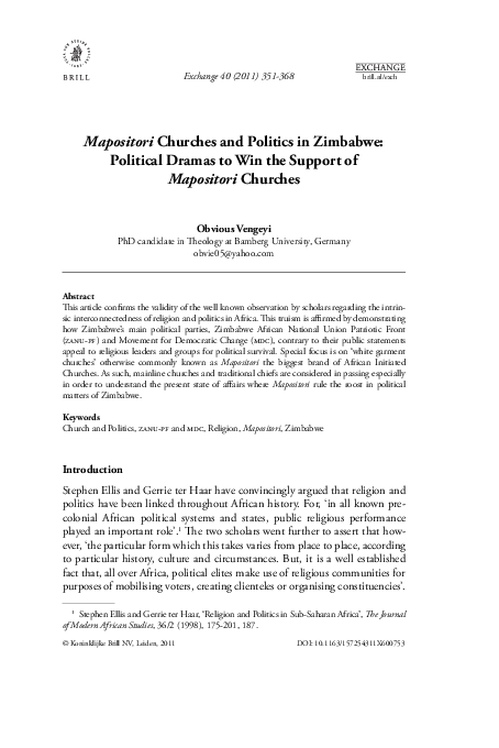 (PDF) Mapositori Churches and Politics in Zimbabwe: Political Dramas to ...