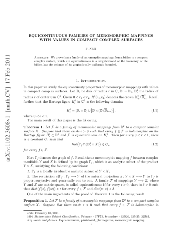 (PDF) Equicontinuous families of meromorphic mappings with values in ...