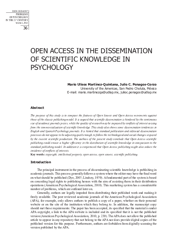(PDF) OPEN ACCESS IN THE DISSEMINATION OF SCIENTIFIC KNOWLEDGE IN ...