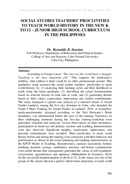 (PDF) Social Studies Teachers' Proclivities to Teach World History in