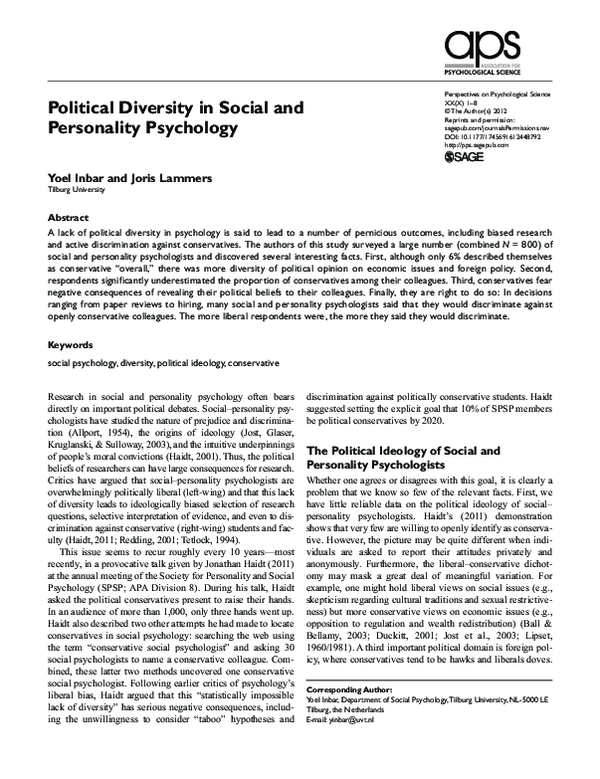 (PDF) The Political Ideology of Social and Personality Psychologists
