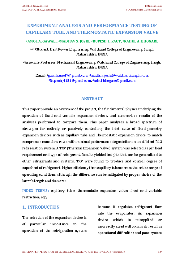 (PDF) EXPERIMENT ANALYSIS AND PERFORMANCE TESTING OF CAPILLARY TUBE AND