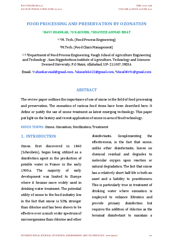(PDF) FOOD PROCESSING AND PRESERVATION BY OZONATION IJSET JOURNAL