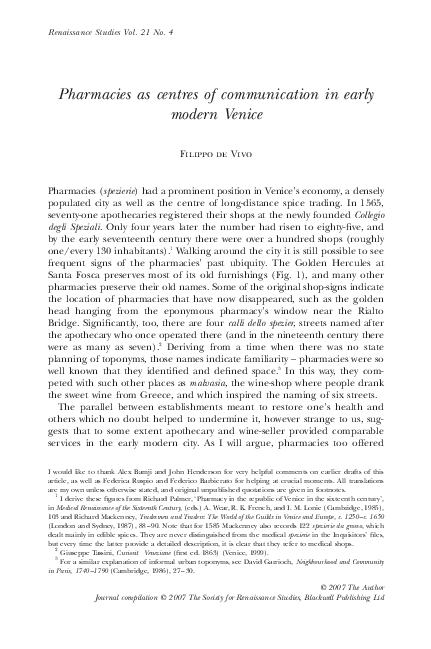 Pharmacies as centres of communication in early modern Venice, 2007