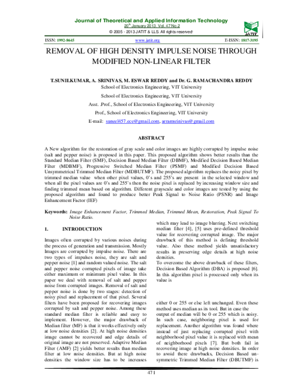 (PDF) REMOVAL OF HIGH DENSITY IMPULSE NOISE THROUGH MODIFIED NON-LINEAR ...
