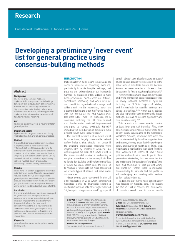 (PDF) Developing a preliminary 'never event' list for general practice ...