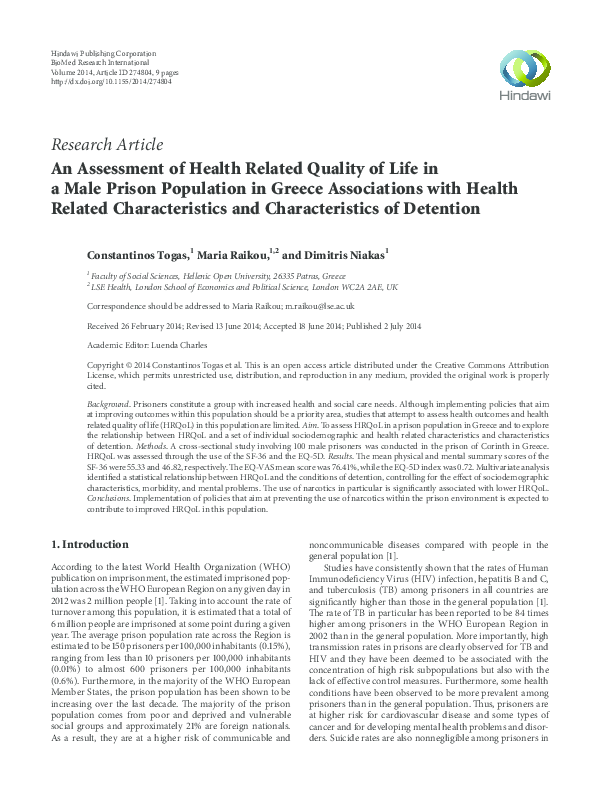 (PDF) An Assessment of Health Related Quality of Life in a Male Prison ...