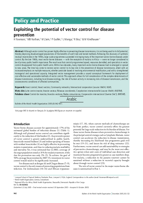 (PDF) Exploiting the potential of vector control for disease