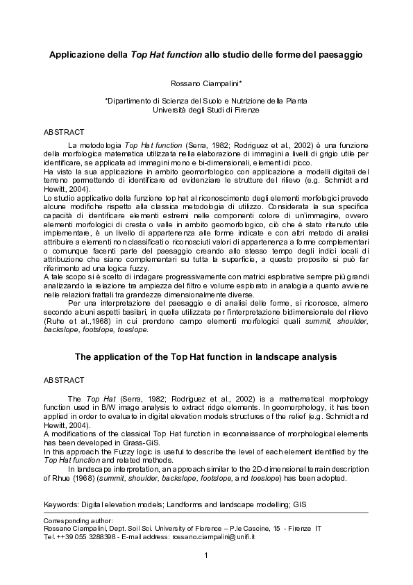 (PDF) The application of the Top Hat function in landscape analysis Rossano Ciampalini