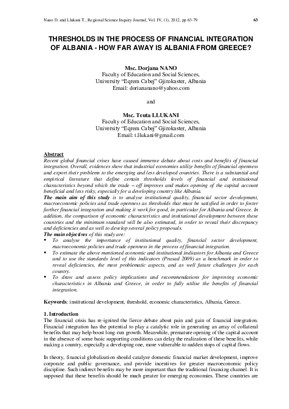 (PDF) THRESHOLDS IN THE PROCESS OF FINANCIAL INTEGRATION OF ALBANIA