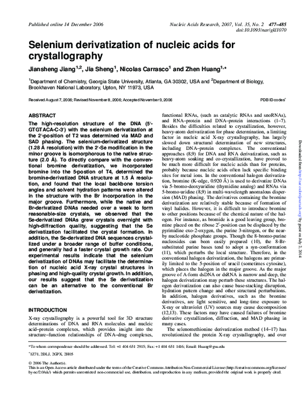 (PDF) Selenium derivatization of nucleic acids for crystallography