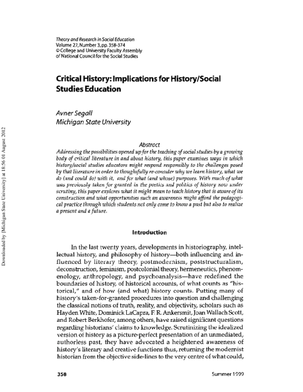 Critical history-Implications for history:social studies education