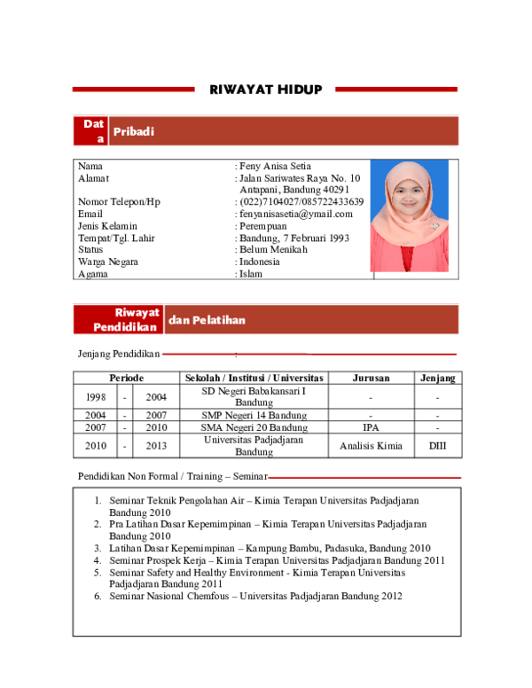 (DOC) RIWAYAT HIDUP Riwayat Pendidikan dan Pelatihan | Intan Pratiwi