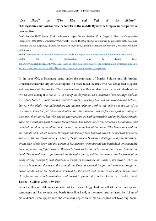 "Die Hard" or "The Rise and Fall of the Skleroi":  elite dynamics and aristocratic networks in the middle Byzantine Empire in comparative perspective