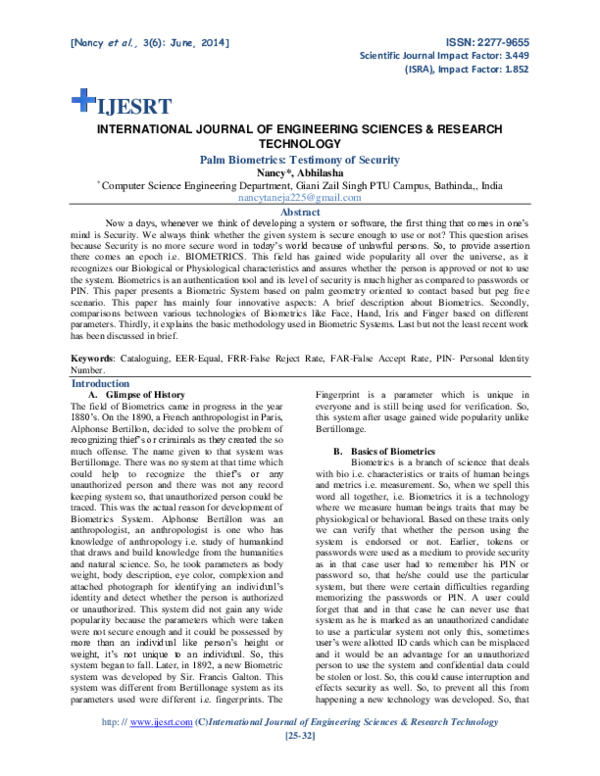 (PDF) Palm Biometrics Testimony of Security Ijesrt Journal