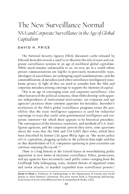 “The New Surveillance Normal: NSA and Corporate Surveillance in the Age of Global Capitalism" 2014. Monthly Review July-August 2014, 66(3):43-53.