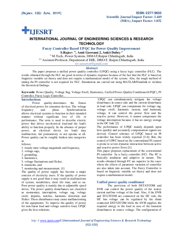 (PDF) Fuzzy Controller Based UPQC for Power Quality Improvement