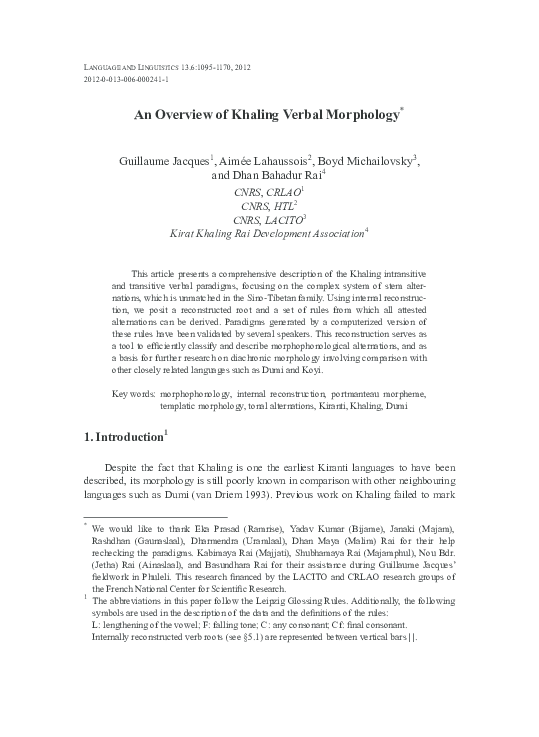 (PDF) An overview of Khaling verbal morphology