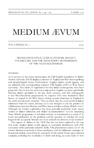 Translation Style, Lexical Systems, Dialect Vocabulary, and the Manuscript Transmission of the Old English Bede