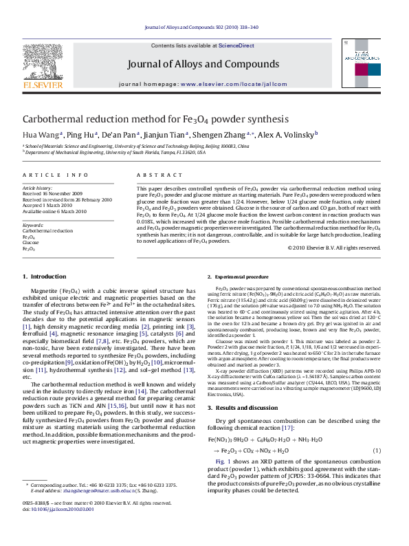 PDF) Carbothermal Reduction Method for Fe3O4 Powder