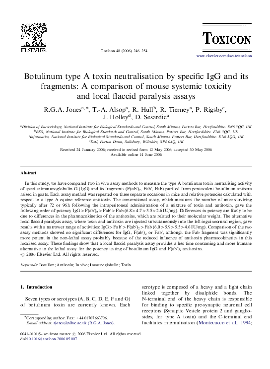 (PDF) Botulinum type A toxin neutralisation by specific IgG and its ...