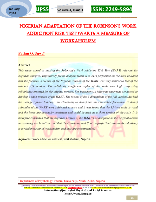 (PDF) Nigerian Adaptation of the Robinson’s WoRk Addiction Risk Test ...