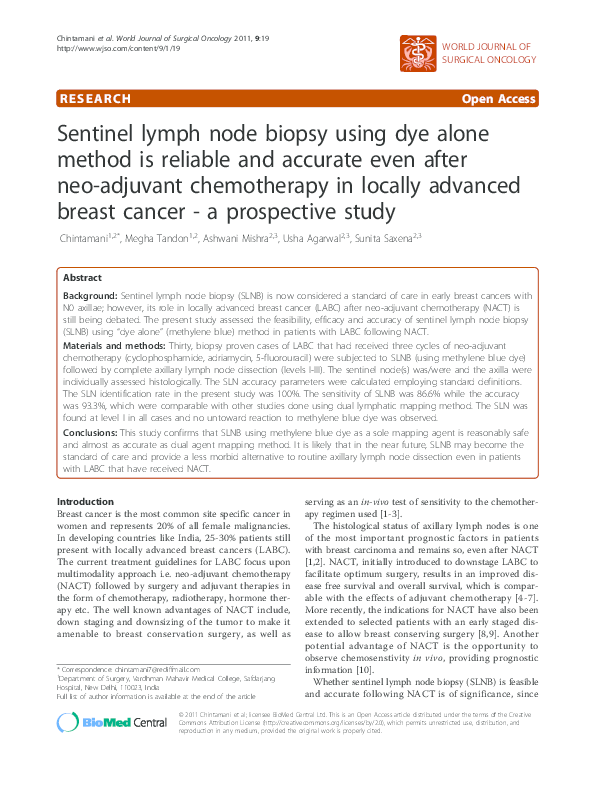 (PDF) Sentinel lymph node biopsy using dye alone method is reliable and ...