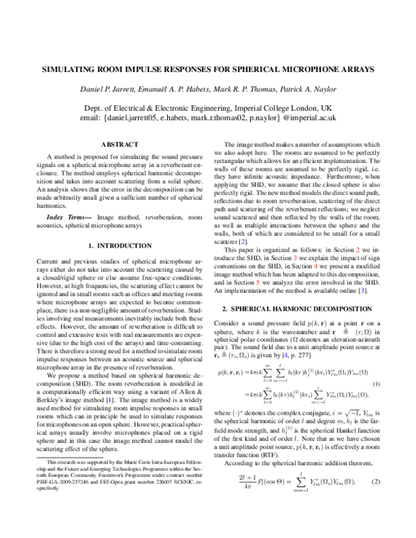 (PDF) SIMULATING ROOM IMPULSE RESPONSES FOR SPHERICAL MICROPHONE ARRAYS