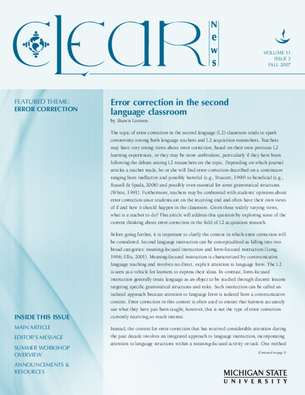 (PDF) INSIDE THIS ISSUE Error correction in the second language classroom