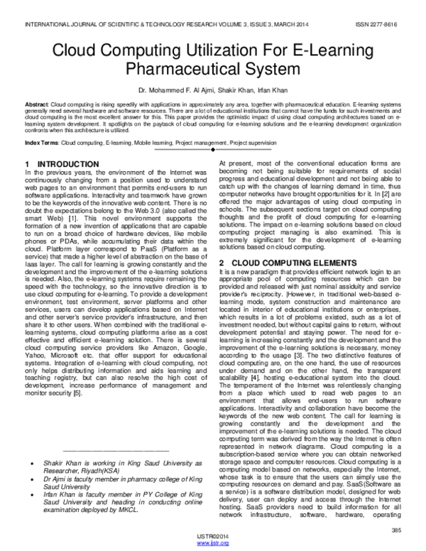 (PDF) Cloud Computing Utilization For E-Learning Pharmaceutical System