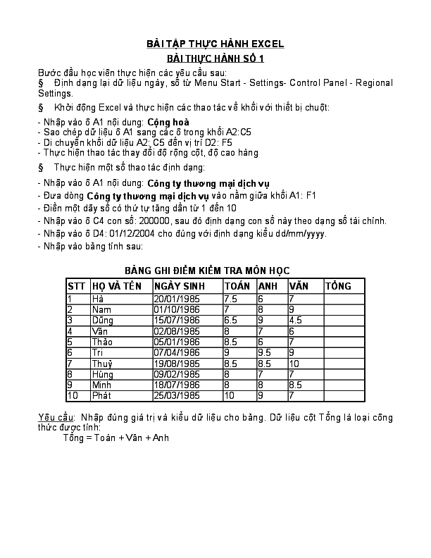 First page of “BÀI TẬP THỰC HÀNH EXCEL”