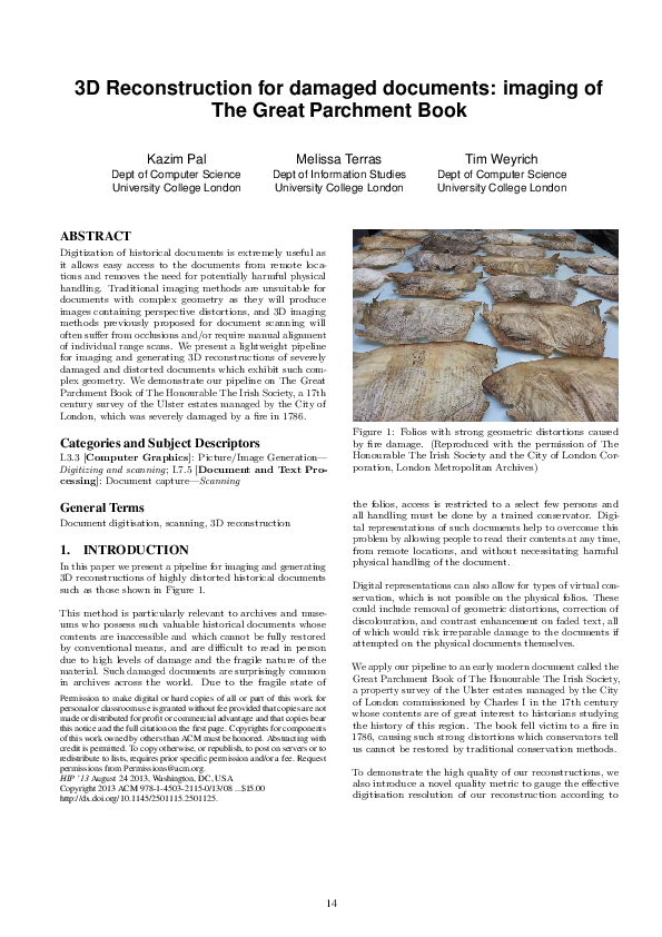 3D Reconstruction for damaged documents: imaging of The Great