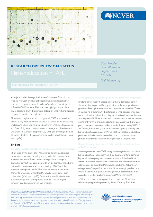 (PDF) Research overview on status: higher education in TAFE. Monograph ...