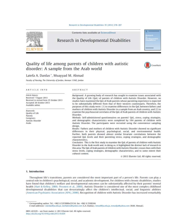 (PDF) Quality oflife among parents of children with autistic disorder a ...