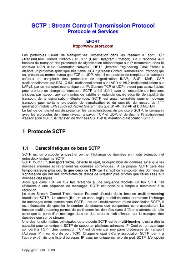 (PDF) SCTP : Stream Control Transmission Protocol Protocole et Services