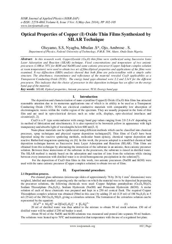 (PDF) Optical Properties of Copper (I) Oxide Thin Films Synthesized by ...