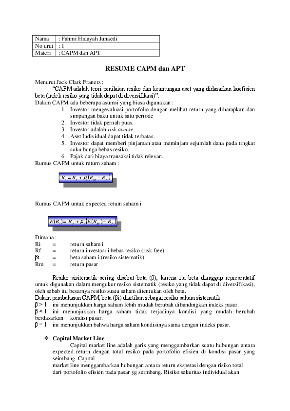 (DOC) Nama : Fahmi Hidayah Junaedi No urut : 1 Materi : CAPM dan APT ...