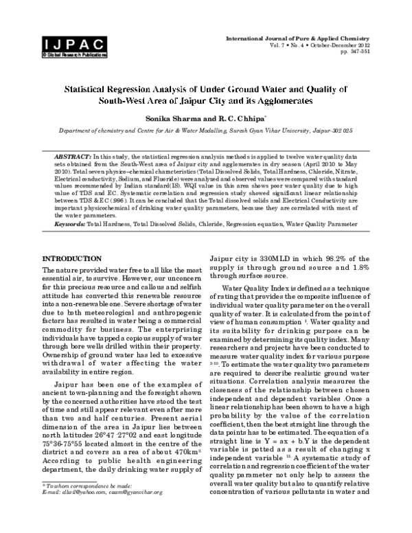 (PDF) Statistical regression analysis of undergound water and Qaulity ...