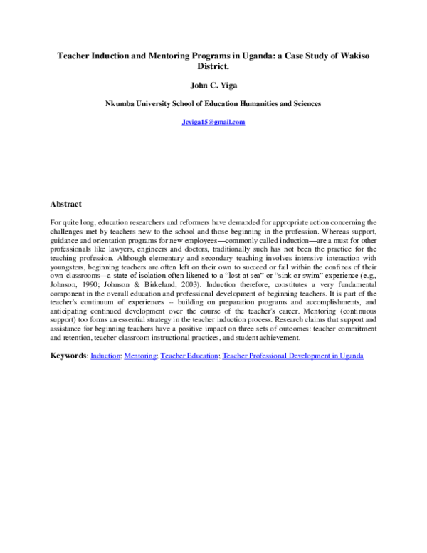 (DOC) Teacher Induction and Mentoring Programs in Uganda: a Case Study ...
