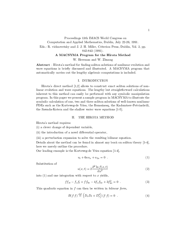 (PDF) A MACSYMA program for the Hirota method