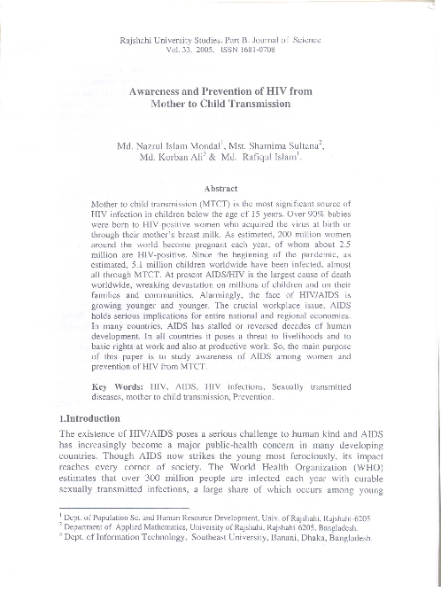(PDF) Awareness and Prevention of HIV from Mother to Child Transmission