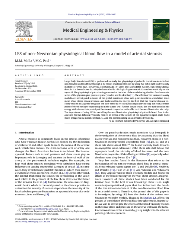 (PDF) LES of non-Newtonian physiological blood flow in a model of ...