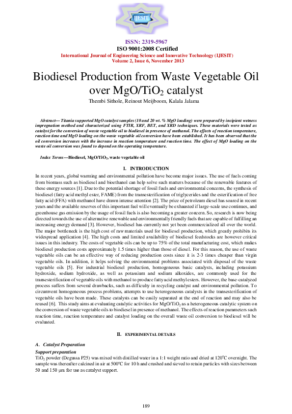 (PDF) Biodiesel production from waste vegetable oil over MgO/TiO2 catalyst
