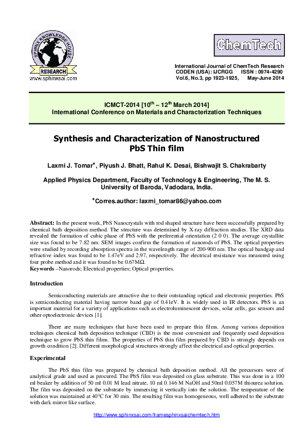 (PDF) Synthesis and Characterization of Nanostructured PbS Thin film
