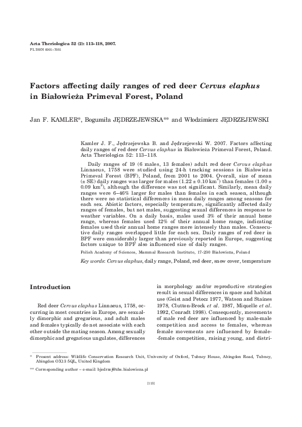 (PDF) Factors affecting daily ranges of red deer Cervus elaphus in ...