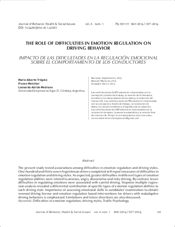 (PDF) THE ROLE OF DIFFICULTIES IN EMOTION REGULATION ON DRIVING BEHAVIOR