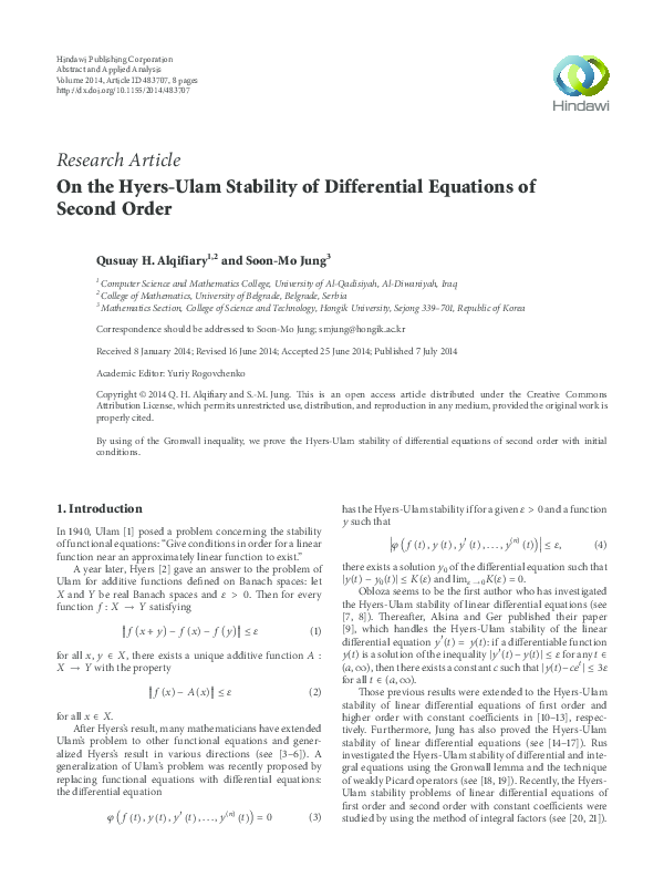 (PDF) On the Hyers-Ulam Stability of Differential Equations of Second Order
